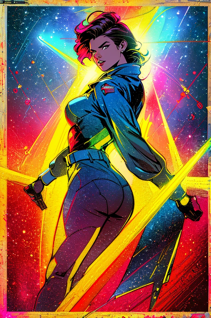 (((Top Quality Masterpiece ))),(((solo:1.2))),((( 1 woman :1.2))), 32K Highly Detailed Wallpaper , Retro Vintage Style ,(dynamic Angles),(((Overwhelming highlights))),((most complex machine)), American comics with a very flashy color scheme,80s space thriller movie poster ,propaganda