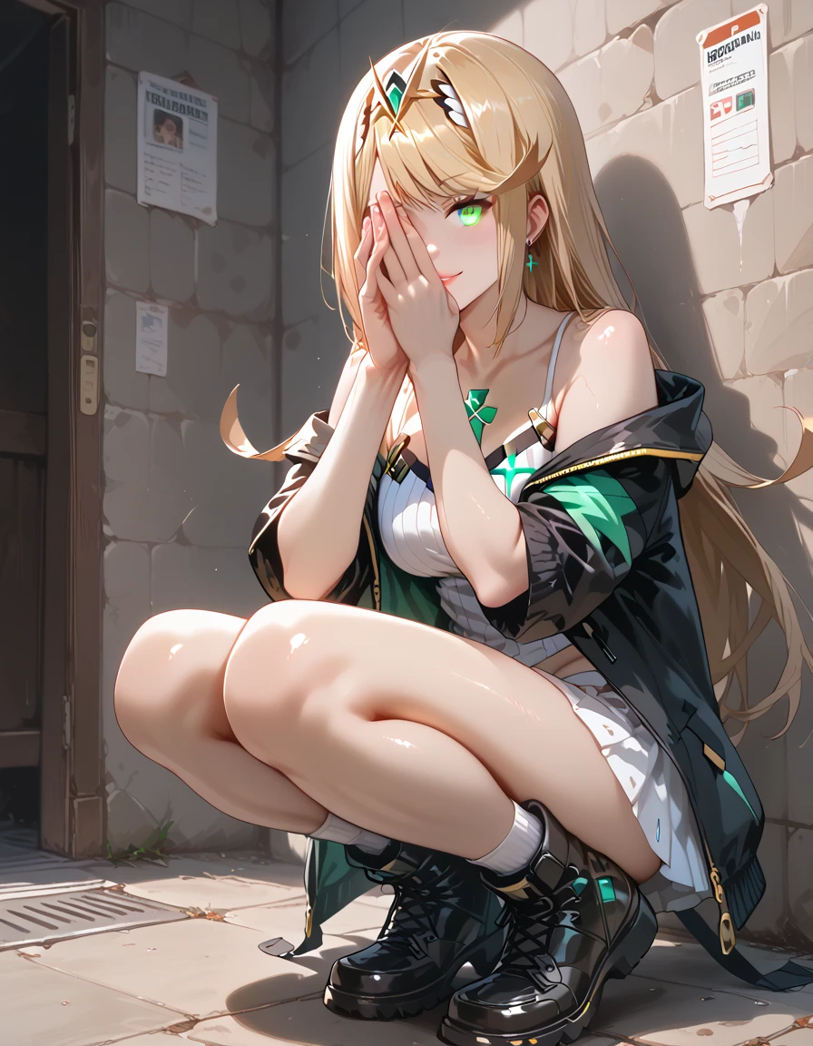 highres,best quality,1girl,japanese face,smile,Camisole with ruffled hem and mini skirt,black coat,duffel coat,short socks,thin thighs,boots,blunt bangs,long hair,sexy panties,
squatted,wall background,full body,
(covering eyes by own hand:1.3),skirtlift, mythra \(xenoblade\), 1girl, yellow eyes, swept bangs, long hair, very long hair, blonde hair