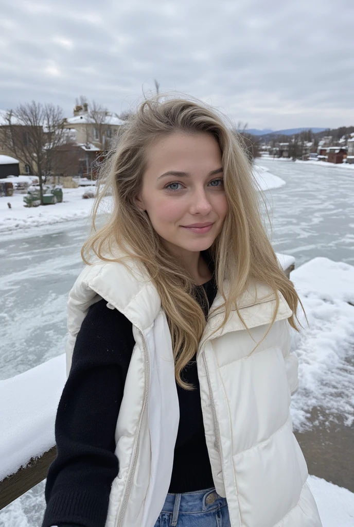 Selfie of a 30-year-old slim woman with long blond hair and grey-blue eyes. She is wearing jeans, a black sweater, and a white puffy jacket. She is standing on a bridge, with a frozen river and snow-covered rooftops visible in the background. The photo was taken at eye level, with soft light highlighting her features.