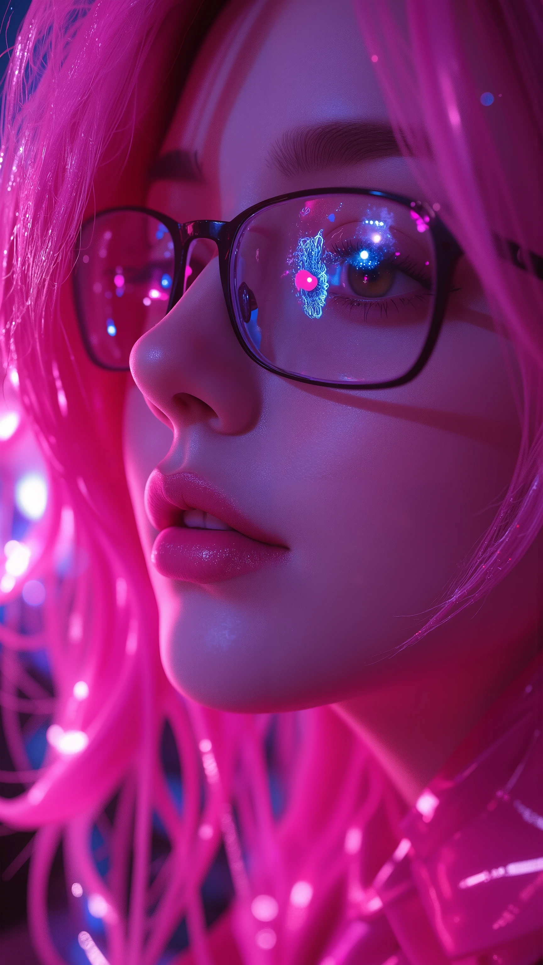 (A close-up photo of a woman, wearing glasses and with pink hair, Brandon Woelfel, artwork in the style of Guways, Dreamy Cyberpunk Girl, Guways, animated vibes, Glowwave Women's Portrait, amazing animated face portrait, Ross Tran 8k, beautiful animated portrait, mysterious luminous eyes, beautiful portrait, loopy portrait, Ross Tran style, beautiful digital artwork)
32K, (Masterpiece, HD, Hyper HD, 32K) Zaidink, Parve, Avant-Garde, Psychedelic, (Abstract Ink Splash: 1.2), (Realistically: 1.4), Loose Hair, background is pure and high resolution, detail, RAW photo, sharpie, stock photo of "Nicon D850 film." Jeffries Lee 4 Kodak portrait 400 camera F1.6 shots, rich colors, surreal vivid textures, dramatic lighting, Unreal Engine Art Station trends, Synestil 800, big curl, slim and model body type, abstract and artistic.