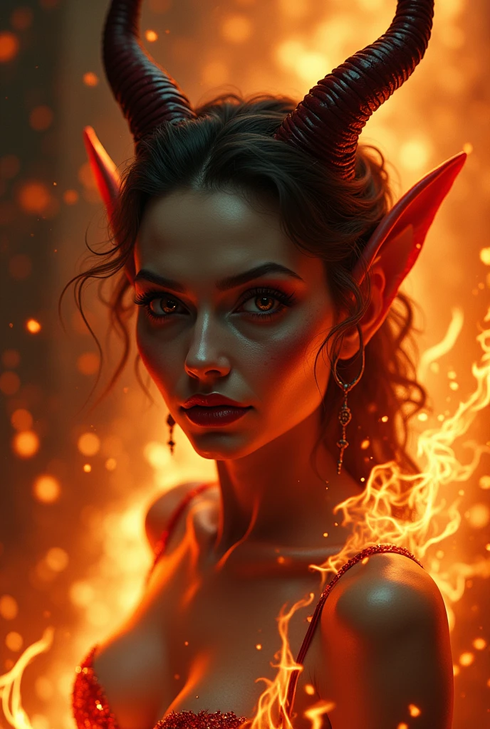 ( masterpiece), super detailed , best quality, ultra high resolution , highres, 8K, Ultra high definition , HDR-10, arte de mooncryptowow, seductive succubus , laughing, devil horns, hellfire