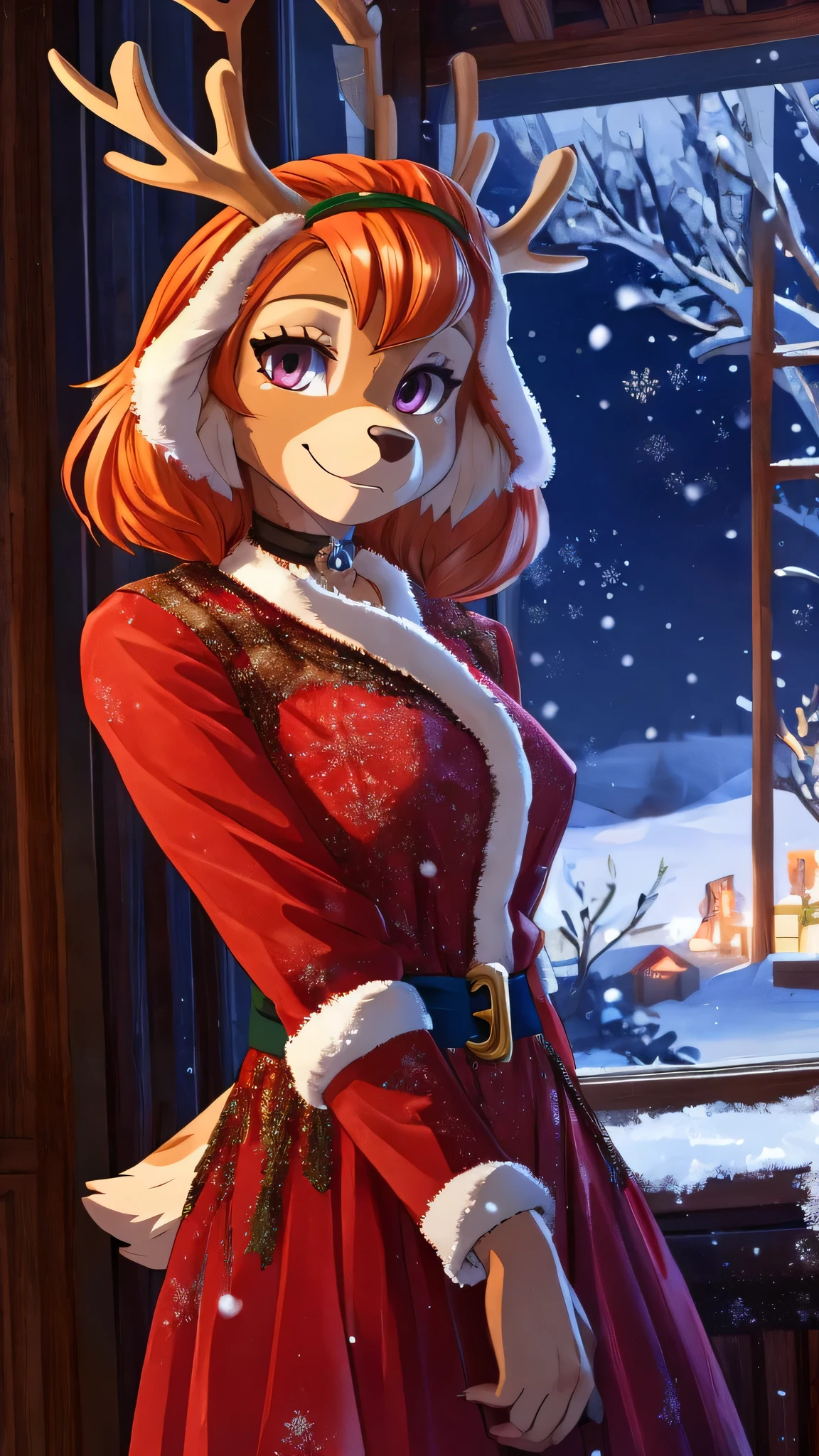 Skye from Paw Patrol, female cockapoo, floppy ears, anthro, orange hair, magenta eyes, mature adult, christmas outfit, reindeer antlers, inside house, snow, night, detailed, solo, beautiful, high quality, anime, 4K