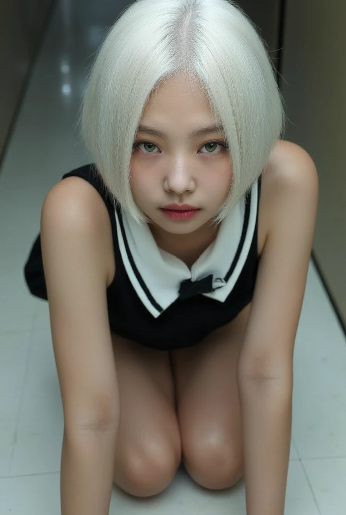 Tia is shown to have a slender figure. She has white hair , she has short hair and large pale green eyes, detailed face, tall face ,(masterpiece:1.2),
white hair, green eyes, small School Girl uniform, blurry background, young,(crawling from viewer, all fours, on hands and knees:1.3), 18 years old, 17yo, huge breasts, large breasts,(volumetric lighting:1.1),young, amazing body, shiny thighs, superior quality, many details, Puri focus  Sharp and realistic, perfect anatomy, view of black panties, view from side, sideview