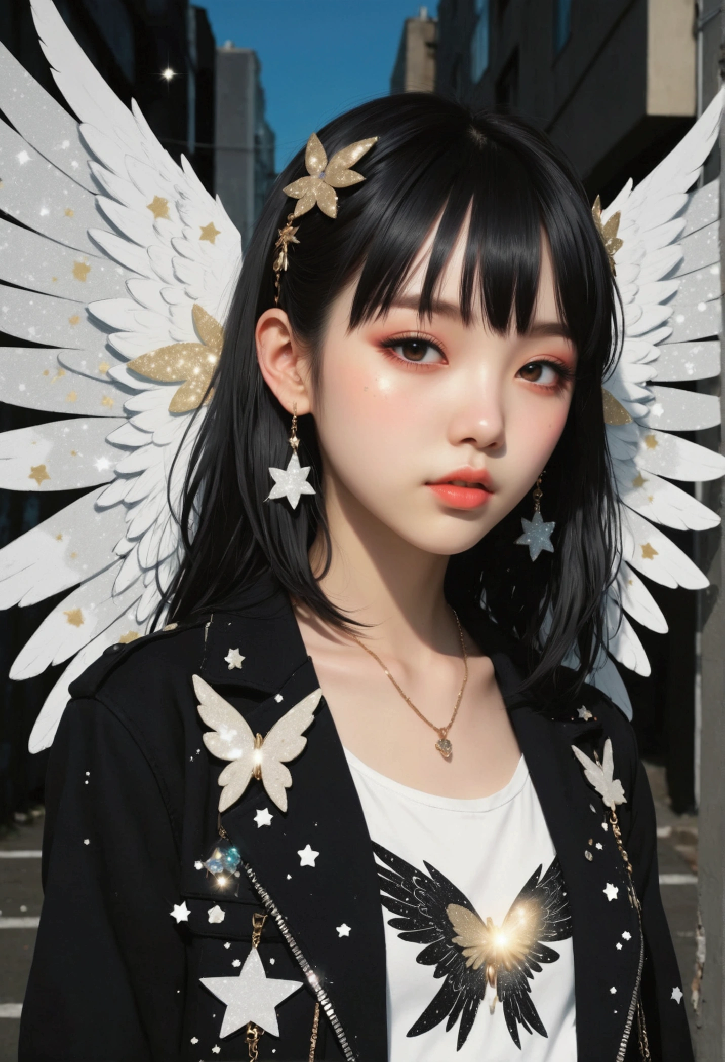 masterpiece, best quality, ultra deteiled, super aesthetic, flat anime, 1girl, portrait, look at me, black jacket, accessory, angelic wings,  kawaii anime,flat color, glittering particles, grafitti theme,  ultra aesthetic illustration, pop art,