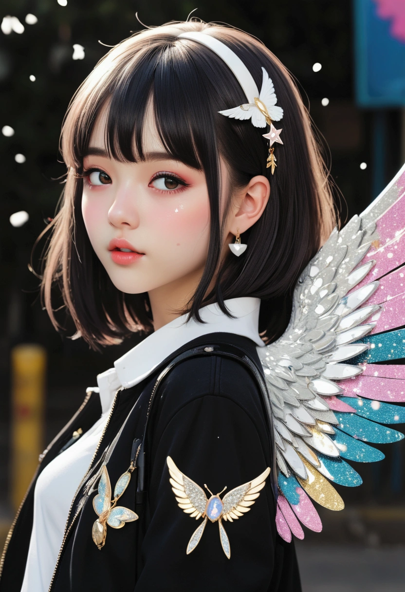 masterpiece, best quality, ultra deteiled, super aesthetic, flat anime, 1girl, portrait, look at me, black jacket, accessory, angelic wings,  kawaii anime,flat color, glittering particles, grafitti theme,  ultra aesthetic illustration, pop art,