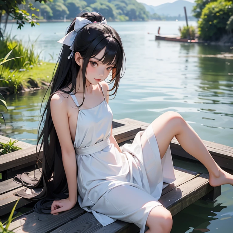 Eight-year-old little loli，Cute face，Long hair with a white shawl，Red pupils，cleanness，Crisp white dress，Open navel，Bare shoulders，Naked legs，No shoes on，Perfect calf curve，Cute little feet。raining day，In the park，Step on fallen leaves。