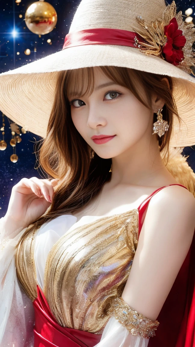 witch woman，conservative attire，with a huge hat，Red crane，Wearing a Red, gold and white princess dress，Upper body close-up，Close-up photos，jewelry，Visions of heaven and earth，Magic crystal ball，The background is the Milky Way，solar system,長い髪, キラキラエフェクト, ゴッドレイ, 