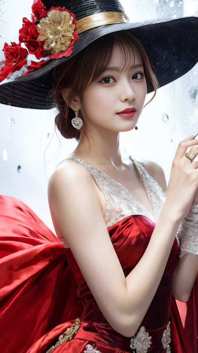 witch woman，conservative attire，with a huge hat，Red crane，Wearing a Red, gold and white princess dress，Upper body close-up，Close-up photos，jewelry，Visions of heaven and earth，Magic crystal ball，The background is the Milky Way，solar system,長い髪, キラキラエフェクト, ゴッドレイ, 