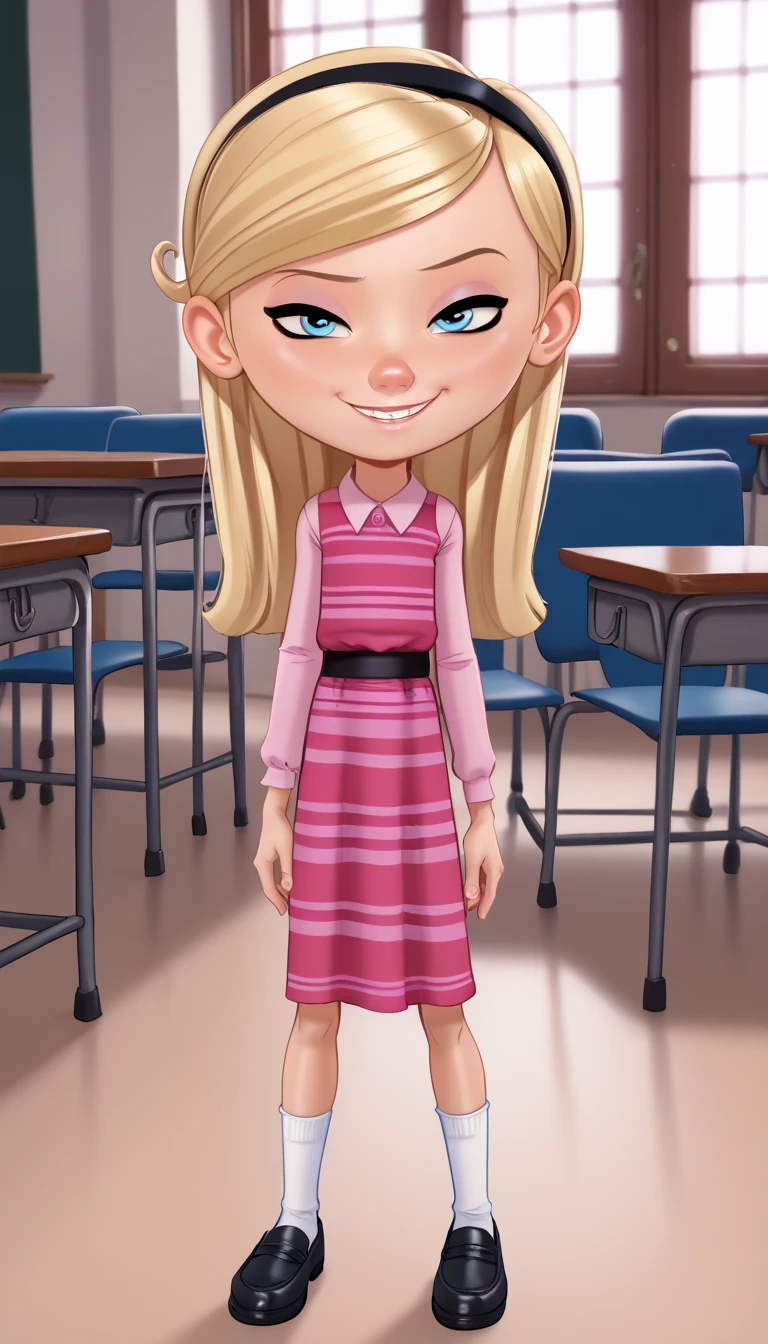 1girl, solo, full body, penny peterson, long hair, blue eyes, 3d, blonde hair, skirt, hairband, black hairband, white socks, dress, pink dress, long sleeves, Andystyle, Standing, naughty face, cute smile, ((School)), spread legs, 4k