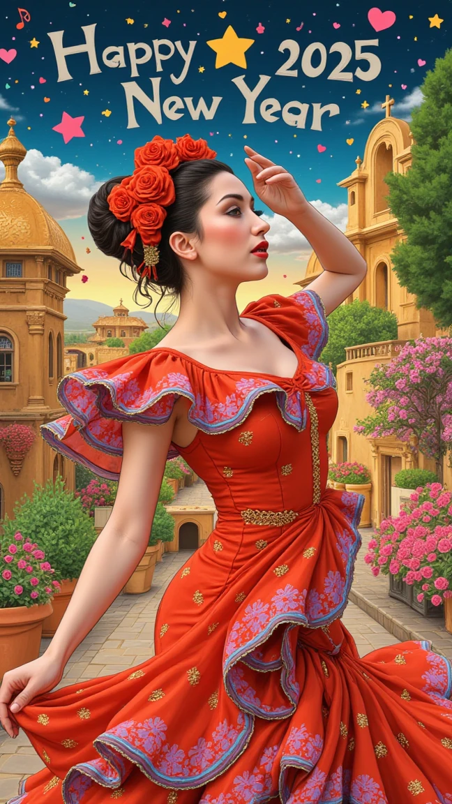 Create a captivating 16K UHD sketch of a mesmerizing flamenco breathtaking fascinating the cutest one of a kind dancer, with bold written ((2025)) Happy New Year, real lifelike embodying elegance and charm. Picture a beautiful, enchanting woman, close up, with soft, realistic skin, gracefully posed in motion as she swirls in her stunning colorful flamenco magical dreamy dress, adorned with delicate golden accents. Her striking red lipstick adds a touch of allure.elegant Andalusian.Arabic effect, miracles of Spain culture, sweetness of Spanish gipsy dancer, active, elegant dreamy magical ((2025)) Happy New Year
Surround her with a whimsical Andalusian landscape, stars, love, hearts, passion, romance, flowers, culture, heritage, full of vibrant colors and magical elements that evoke a sense of music and dreams. The scene should radiate a mysterious, dreamy atmosphere, enhanced by gentle splashes of color that bring the enchanting Spanish paradise to life. This artwork should capture the essence of fantasy and reverie, celebrating the beauty of a fully clothed flamenco dancer in all her glory.((2025)) Happy New Year