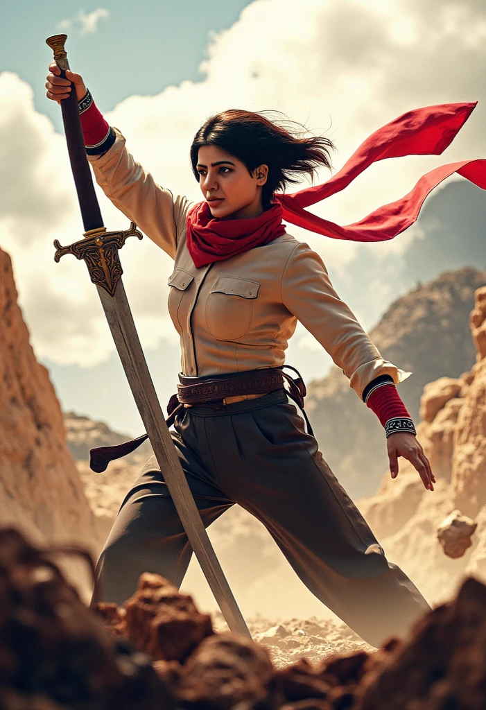 short hair , red scarf , wearing shirt and pant , readying to fight in a battle with sword