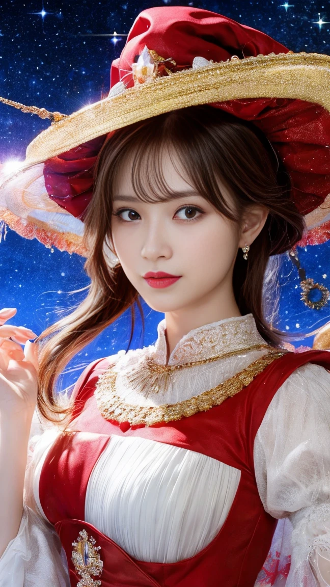 witch woman，conservative attire，with a huge hat，Red crane，Wearing a Red, gold and white princess dress，Upper body close-up，Close-up photos，jewelry，Visions of heaven and earth，Magic crystal ball，The background is the Milky Way，solar system,長い髪, キラキラエフェクト, ゴッドレイ, 