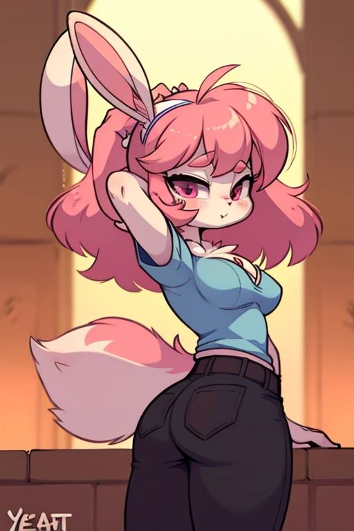 garota sylveon, sensual, sensual, carregado para e621, beautiful and detailed portrait of an anthropomorphic sylveon ((female))) carregado para e621, cabelo rosa, seios grandes, coxas grossas, quadris, adolescente ((18 anos)), Sozinho, Corpo magro, quarto, corar, sorriso envergonhado, cabelo longo, ((olhos vermelhos, pelo preto, corpo branco e rosa)), (white jumpsuit, blue shorts) ((Naked))