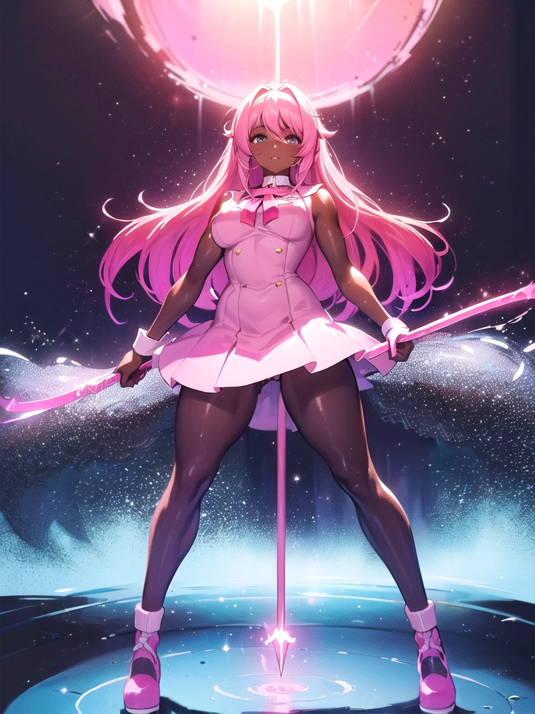 ((dark skin))(( top quality )), ((masterpiece)), ((One person)) supermilk, thick legs,,long boobs. Magical Girl. pink hair. dark skin tone . magic wand.dark skin.Well good.Baby Face.Hold your walking stick,short height,classroom