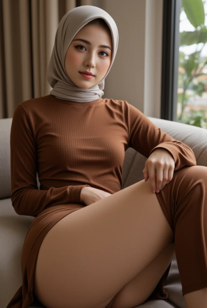 (RAW) high quality photos, 8k resolution, Realistic. The beautiful woman wore a hijab on her head, wore a brown top and wore long skirt. Sexy waist, tiduran di sofa
 legs open,  showing celana dalam. 