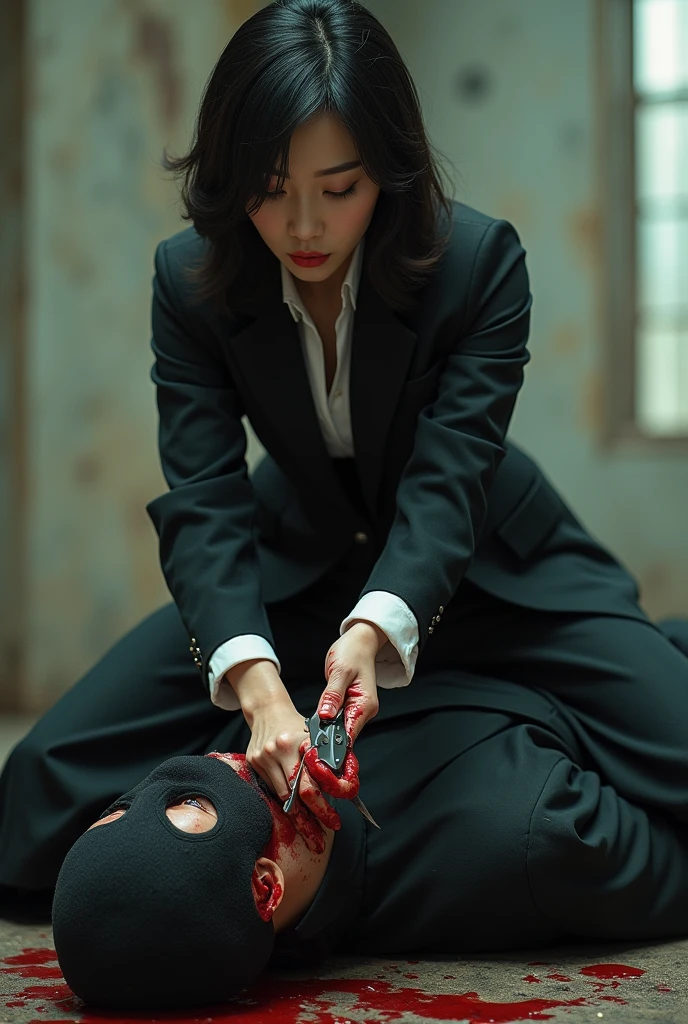 korean girl, (behind corpse, surgical mask), holding knife, stabbing, leather gloves, room full of blood, black raincoat, trucker hat, holding knife, black wet suit, leather gloves, behind corpse, blood splatter, low ponytail, night, mass murderer, robbery, in the hotel, light from the window