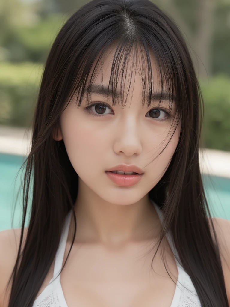 huge breasts japanese girl stands in the center, bursting breasts, breasts almost overflowing from a bathing suit, under bust is visible, full body shot, long eyelashes, small lips, mole, black hair, straight hair with bangs, wear a ultra high cut swimsuit, white bikini, A highly realistic image featuring detailed textures, accurate lighting, and natural color variations. The scene should include lifelike elements that closely mimic real-world objects, capturing the essence of reality with precise details and depth, A realistic image featuring detailed and lifelike hair, showing individual strands, natural color variations, texture, and shine. The hair flows naturally, reflecting the light softly and creating a sense of depth and volume, A realistic portrait of a japanese girl with detailed skin texture, showing subtle variations in skin tone, pores, natural imperfections, and fine wrinkles. The lighting is soft and warm, highlighting the contours of her face, the smooth transitions of light and shadow, and the delicate lines of wrinkles around her eyes and mouth, professional photography, masterpiece, 