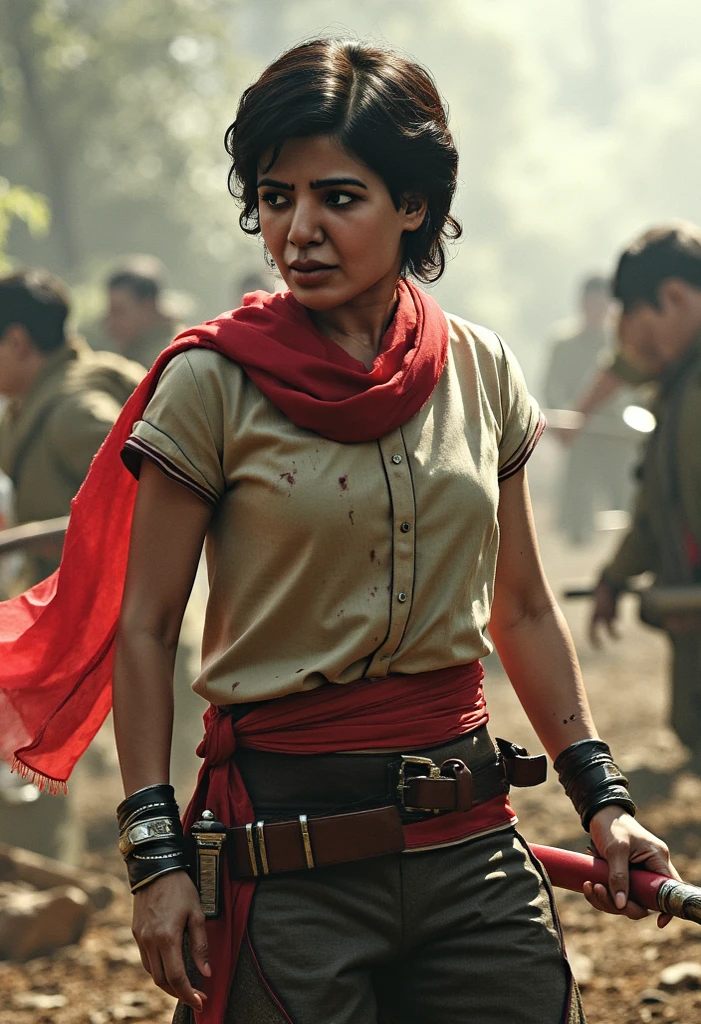 short hair , red scarf , wearing shirt and pant , readying to fight in a battle with sword against monsters with small sword , and had some blood and cuts on her