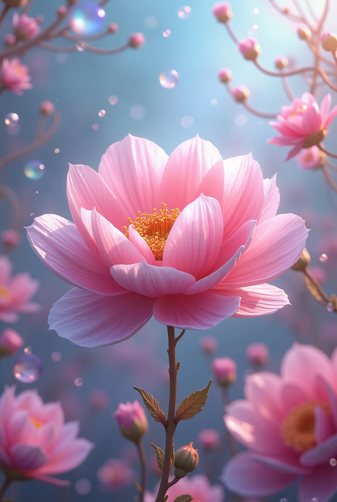  Beautiful gentle background with Iridescent Bubbles and hearts , Flowers Whirl Their Petals in Abundance , bright colors,  The bright flower is very beautiful with an Iridescent of different floral colors,  The flower bud is so gentle and Airy and beautiful ,  better quality , 8 k,  masterpiece fails,  maximum quality,  complicated details, wallpaper, Fantasy,  fantasy, Wonderful,