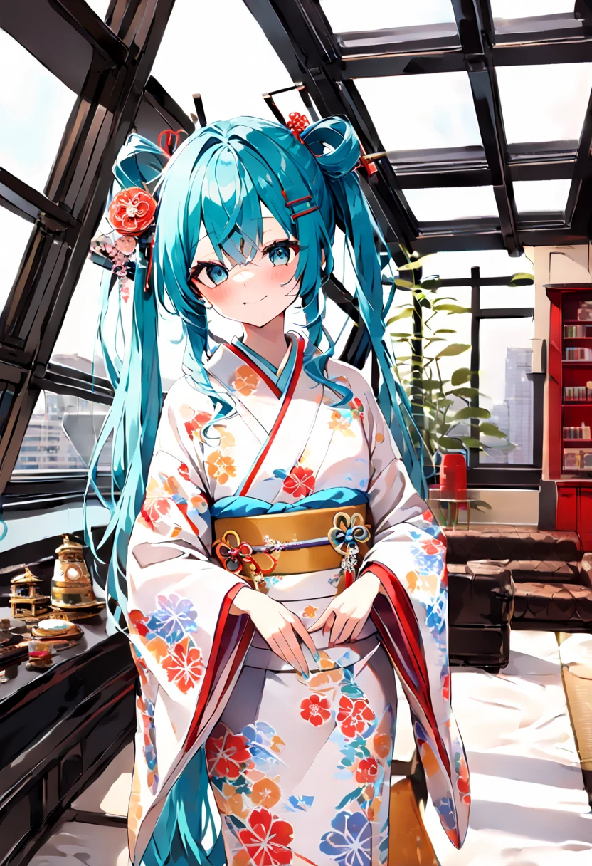 (hatsune miku:1.2), (kimono, long sleeves:1.4), (japanese hairpin:1.4), (cowboy shot:1.4), (luxurious penthouse, indoor rooftop shrine:1.4), 