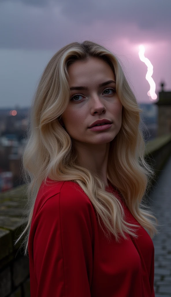 RAW photo, sharp focus, wide depth of field, dof, dark sky, pale afternoon light, a candid fa full body portrait of a beautiful blonde woman wearing a (red shirt), 8k uhd, dslr, soft lighting, high quality, film grain, Fujifilm XT3
she stands in a stormy viewpoint of an old city like paris in autumn, stone walls, dead leaves, background is an (((uprising thunderstorm))) with purple black clouds and ((((lightning bolts)))), dim light, nature photography, white flashlight (pointy chin:1.5), (no cleft chin), (no chin dimple) pointy chin, tiny teeth, closed mouth, (no freckles:0.5), perfect eyes, glowing irises, even eyes, even pupils, round iris, detailed pupils, light reflections, visible cornea, blood vessels, (wet skin:1.1), (sweat:1.1), ((white winter skin)), wax skin, marble skin, ((pale skin)), clear skin, [[skin blemishes]], skin pores, blush, flushed cheeks, [[[[[moles]]]]], wrinkles, [[[[vitiligo spots]]]], [[whiteheads]], [[[blackheads]]], [pimples], perfect hands, shiny bright eyes, centered pupils, blood vessels in sclera, detailed skin, [[oiled shiny skin]], beauty spots, skin fuzz, sss, subsurface scattering, shine from within, hands off face, not asian