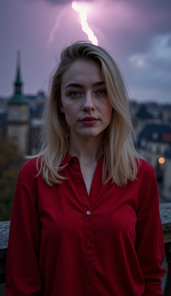 RAW photo, sharp focus, wide depth of field, dof, dark sky, pale afternoon light, a candid fa full body portrait of a beautiful blonde woman wearing a (red shirt), 8k uhd, dslr, soft lighting, high quality, film grain, Fujifilm XT3
she stands in a stormy viewpoint of an old city like paris in autumn, stone walls, dead leaves, background is an (((uprising thunderstorm))) with purple black clouds and ((((lightning bolts)))), dim light, nature photography, white flashlight (pointy chin:1.5), (no cleft chin), (no chin dimple) pointy chin, tiny teeth, closed mouth, (no freckles:0.5), perfect eyes, glowing irises, even eyes, even pupils, round iris, detailed pupils, light reflections, visible cornea, blood vessels, (wet skin:1.1), (sweat:1.1), ((white winter skin)), wax skin, marble skin, ((pale skin)), clear skin, [[skin blemishes]], skin pores, blush, flushed cheeks, [[[[[moles]]]]], wrinkles, [[[[vitiligo spots]]]], [[whiteheads]], [[[blackheads]]], [pimples], perfect hands, shiny bright eyes, centered pupils, blood vessels in sclera, detailed skin, [[oiled shiny skin]], beauty spots, skin fuzz, sss, subsurface scattering, shine from within, hands off face, not asian