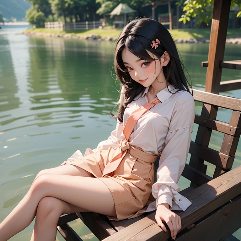 absurderes, ultra-detailliert,bright colour, extremely beautiful detailed anime face and eyes, view straight on, ;D, shiny_skin,25 years old, Short hair, , asymmetrical bangs, Blonde hair with short twin tails, Shiny hair, Delicate beautiful face, red blush、Blue eyes, White skin, hair clips, earrings, a necklace,(Brown Turtleneck Sleeveless:1.2), Beautiful cloud, Dusk sky,