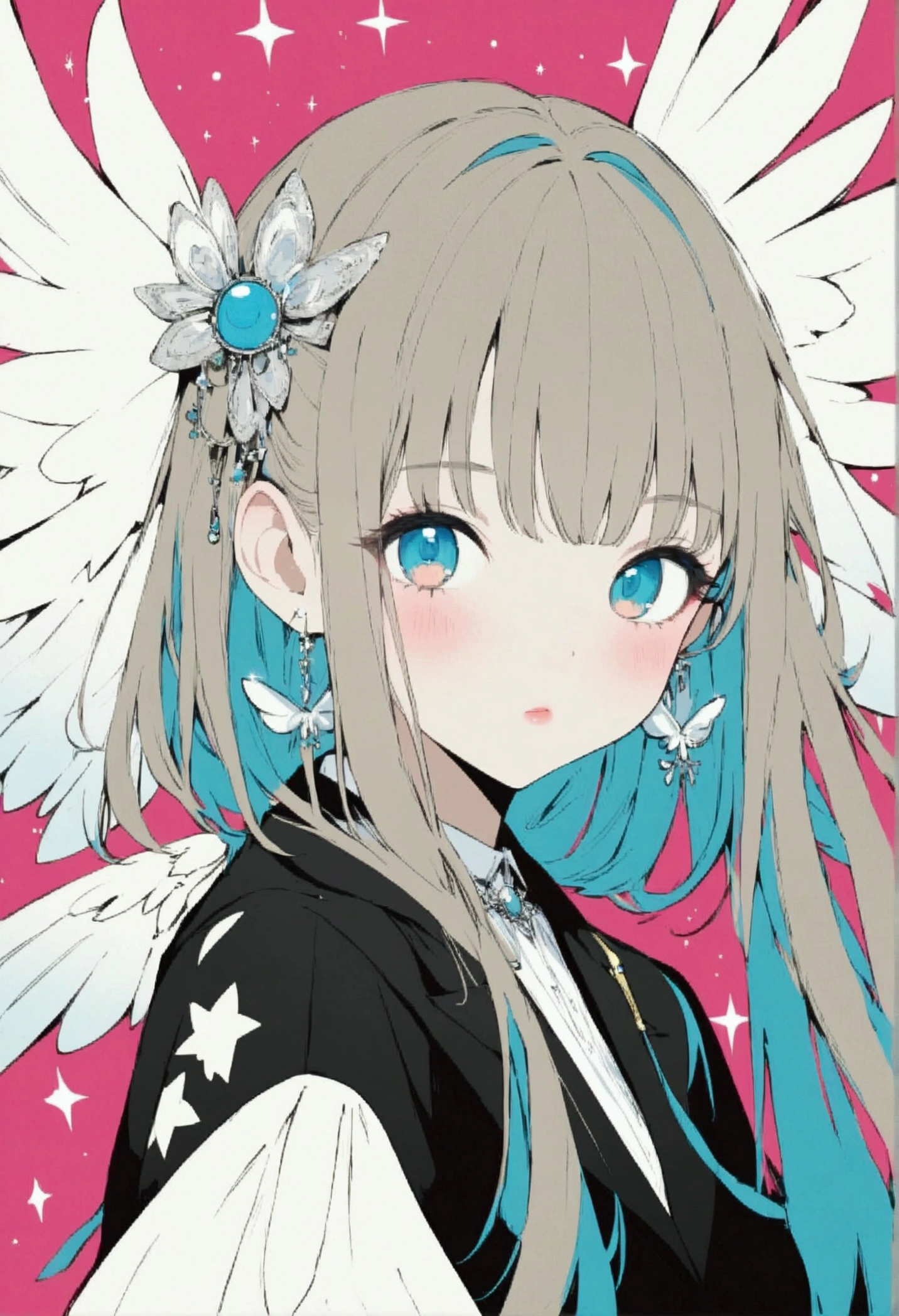 masterpiece, best quality, ultra deteiled, super aesthetic, flat anime, 1girl, portrait, look at me, black jacket, accessory, angelic wings,  kawaii anime,flat color, glittering particles, grafitti theme,  ultra aesthetic illustration, pop art,