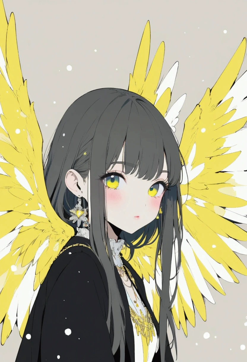 masterpiece, best quality, ultra deteiled, super aesthetic, flat anime, 1girl, portrait, look at me, black jacket, accessory, angelic wings,  kawaii anime,flat color, glittering particles, grafitti theme,  ultra aesthetic illustration, pop art,