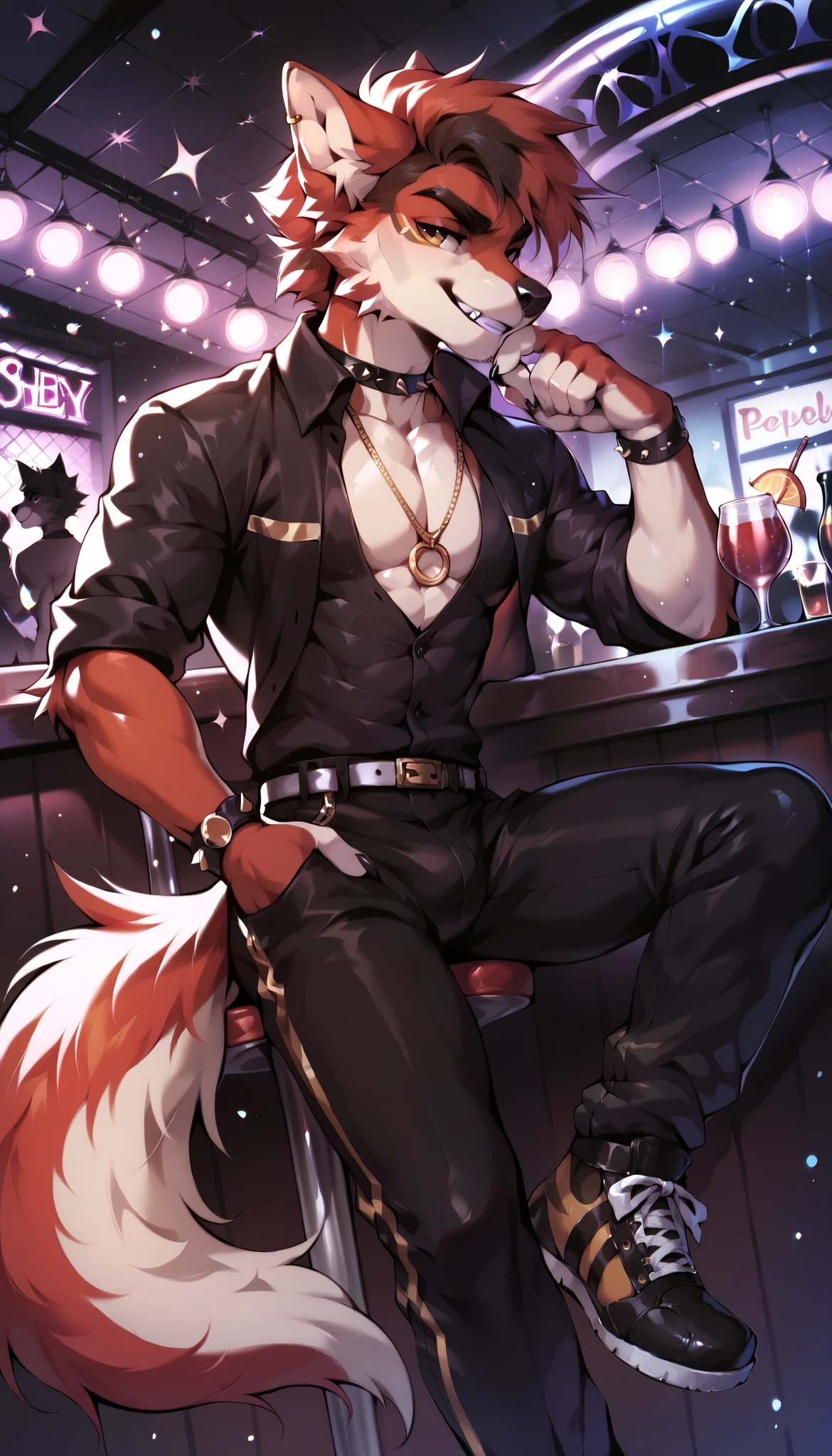 A drawing of a male black anthro wolf in the back of a nightclub