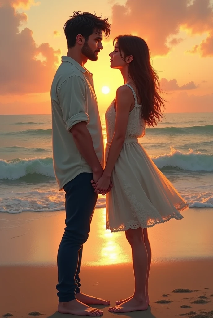 a couple in their twenties, standing on a beach, beautiful sunset, perfect body, beautiful face , ultra high quality, magical, mysterious, love, romantic, photo realistic, silhouette, ultra hd,