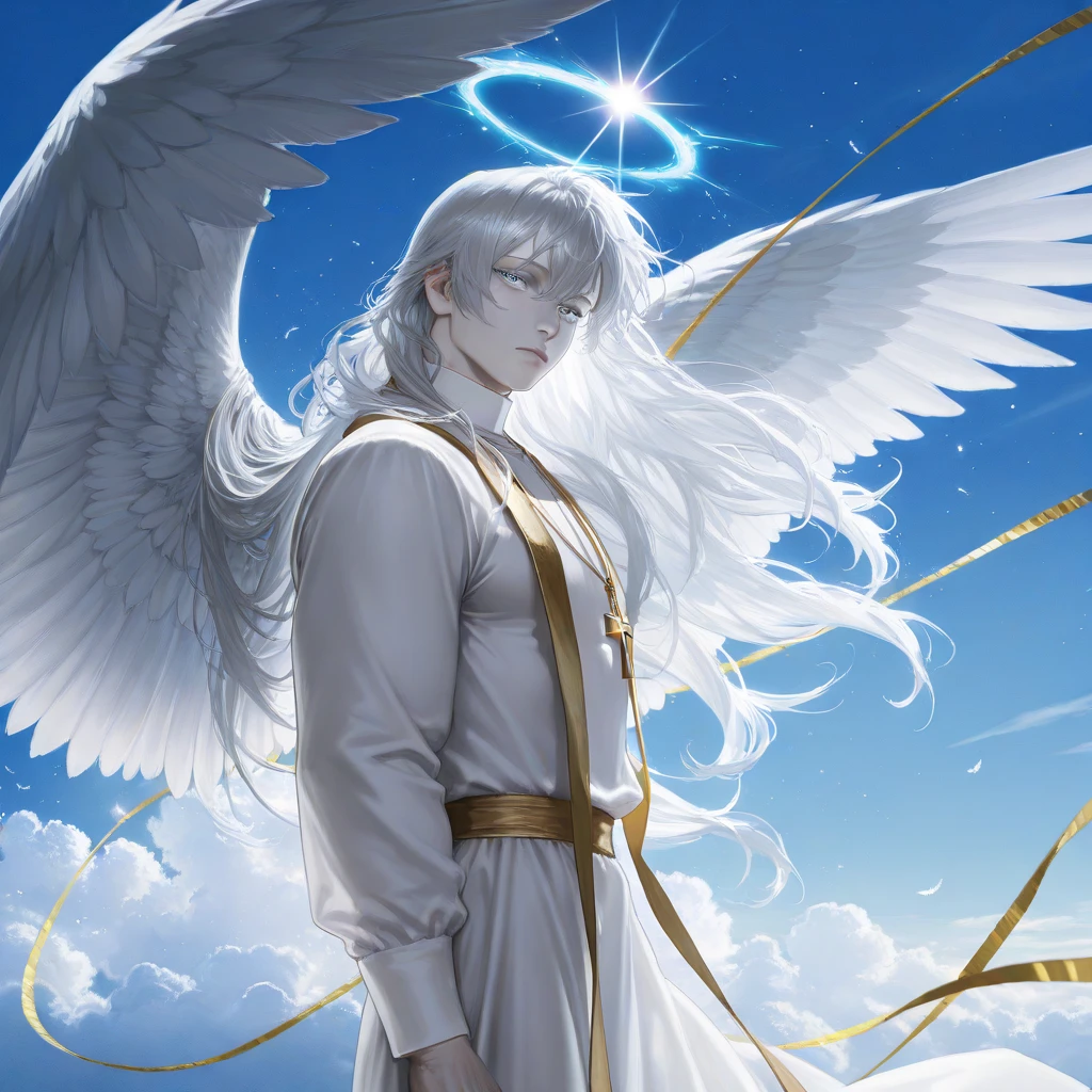 mature boy, brilliant Sun light, 4k, masterpiece, high quality, 8k, high quality details, soft dull lighting, floating particles, heaven background, paradise, white pale skin, wavy silver hair, flying bangs, side view, heaven style, clouds, realistic, flowing hair, white robe , soft blue eyes, expressionless, 1male, androgynously, robed figure, 6 wings, winged, siren, winged man, looking at viewer, cowboy shot, tall muscular guy, priest, big feathered wings, fabric strip, 8K wallpaper, side view, brilliant background