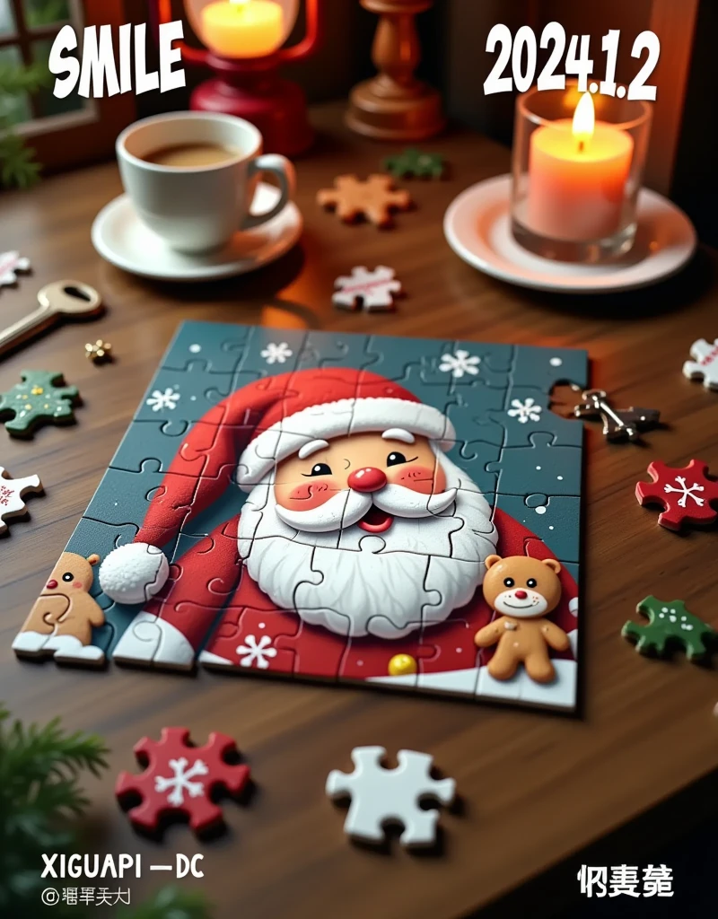 3D cartoon style scene,This is a digitally rendered photograph of a wooden table, showcasing a festive holiday puzzle with a Santa Claus theme. The puzzle, which is partially assembled, features Santa's face with a red hat, rosy cheeks, and a white beard. The puzzle pieces are smooth and rounded, with a glossy finish. Santa's face is surrounded by various holiday-themed puzzle pieces, including snowflakes, gingerbread men, and Christmas trees.

The table is cluttered with additional puzzle pieces, a small white mug filled with coffee, a plate with a cookie, and a candle in a glass holder. A key and a piece of paper with Chinese characters are also visible on the table, adding a touch of everyday life to the scene.

In the top left corner, bold white text reads "SMILE." In the top right corner, the text "2024.12" is displayed in a similar style. The bottom left corner features the text "XIGUAPI -DC," and the bottom right corner contains Chinese characters and a barcode.

The overall color palette is warm and festive, with reds, whites, and blues dominating. The texture of the puzzle pieces and the wooden table adds a tactile and realistic feel to the image.