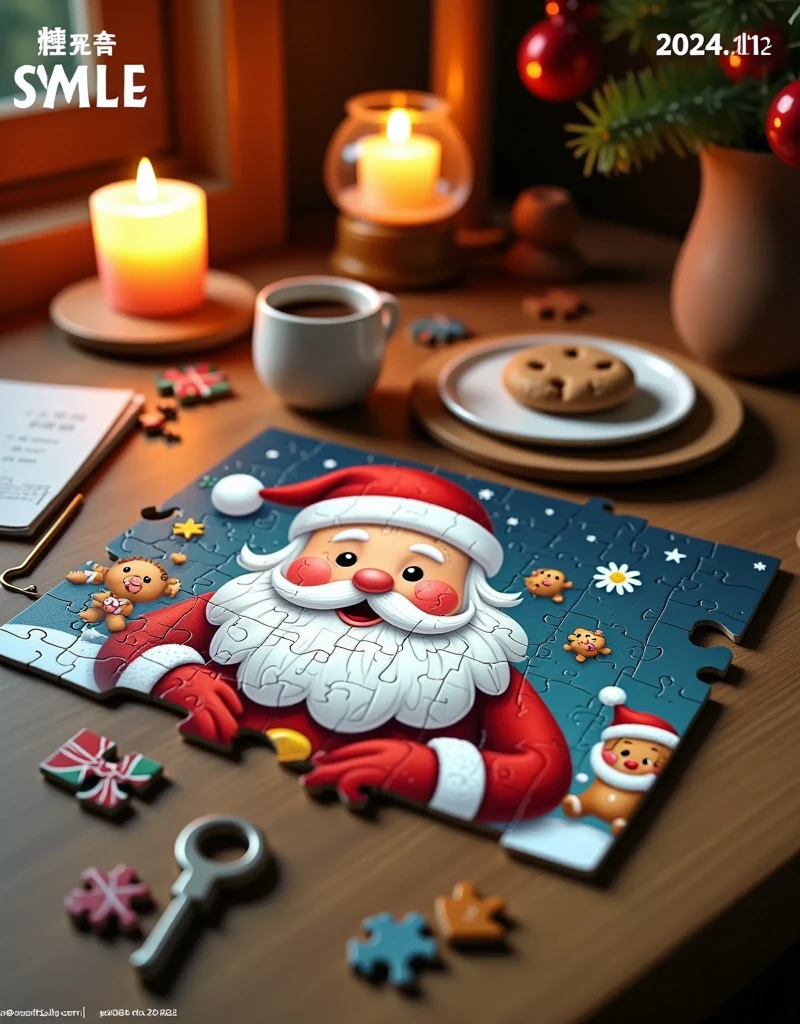 3D cartoon style scene,This is a digitally rendered photograph of a wooden table, showcasing a festive holiday puzzle with a Santa Claus theme. The puzzle, which is partially assembled, features Santa's face with a red hat, rosy cheeks, and a white beard. The puzzle pieces are smooth and rounded, with a glossy finish. Santa's face is surrounded by various holiday-themed puzzle pieces, including snowflakes, gingerbread men, and Christmas trees.

The table is cluttered with additional puzzle pieces, a small white mug filled with coffee, a plate with a cookie, and a candle in a glass holder. A key and a piece of paper with Chinese characters are also visible on the table, adding a touch of everyday life to the scene.

In the top left corner, bold white text reads "SMILE." In the top right corner, the text "2024.12" is displayed in a similar style. The bottom left corner features the text "XIGUAPI -DC," and the bottom right corner contains Chinese characters and a barcode.

The overall color palette is warm and festive, with reds, whites, and blues dominating. The texture of the puzzle pieces and the wooden table adds a tactile and realistic feel to the image.