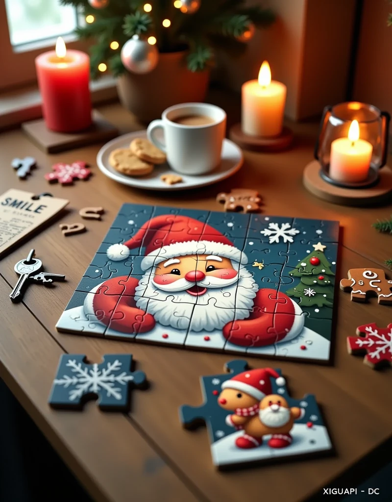 3D cartoon style scene,This is a digitally rendered photograph of a wooden table, showcasing a festive holiday puzzle with a Santa Claus theme. The puzzle, which is partially assembled, features Santa's face with a red hat, rosy cheeks, and a white beard. The puzzle pieces are smooth and rounded, with a glossy finish. Santa's face is surrounded by various holiday-themed puzzle pieces, including snowflakes, gingerbread men, and Christmas trees.

The table is cluttered with additional puzzle pieces, a small white mug filled with coffee, a plate with a cookie, and a candle in a glass holder. A key and a piece of paper with Chinese characters are also visible on the table, adding a touch of everyday life to the scene.

In the top left corner, bold white text reads "SMILE." In the top right corner, the text "2024.12" is displayed in a similar style. The bottom left corner features the text "XIGUAPI -DC," and the bottom right corner contains Chinese characters and a barcode.

The overall color palette is warm and festive, with reds, whites, and blues dominating. The texture of the puzzle pieces and the wooden table adds a tactile and realistic feel to the image.