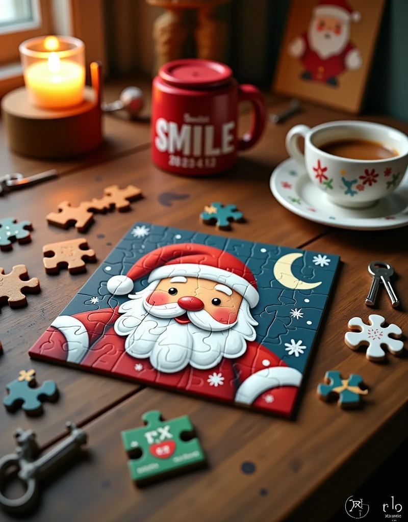 3D cartoon style scene,This is a digitally rendered photograph of a wooden table, showcasing a festive holiday puzzle with a Santa Claus theme. The puzzle, which is partially assembled, features Santa's face with a red hat, rosy cheeks, and a white beard. The puzzle pieces are smooth and rounded, with a glossy finish. Santa's face is surrounded by various holiday-themed puzzle pieces, including snowflakes, gingerbread men, and Christmas trees.

The table is cluttered with additional puzzle pieces, a small white mug filled with coffee, a plate with a cookie, and a candle in a glass holder. A key and a piece of paper with Chinese characters are also visible on the table, adding a touch of everyday life to the scene.

In the top left corner, bold white text reads "SMILE." In the top right corner, the text "2024.12" is displayed in a similar style. The bottom left corner features the text "XIGUAPI -DC," and the bottom right corner contains Chinese characters and a barcode.

The overall color palette is warm and festive, with reds, whites, and blues dominating. The texture of the puzzle pieces and the wooden table adds a tactile and realistic feel to the image.