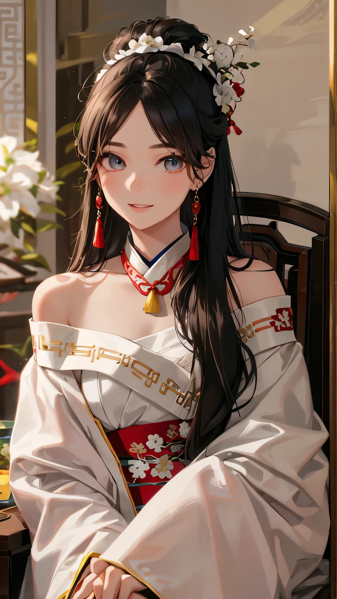 perfect face , 4k quality, detailed properly , masterpiece, anime style) Create a 3D animation of a girl from side view for a portrait picture where a anime girl with cute smile holding a rose in Indian traditional wear like kurti , pajama Sitting casually on a chair made up of rose🌹 petals The background features “Rose” in big and capital red neon light fonts on the black wall and her facebook profile show on her right side in a transparent glass where a small photo of her present and written "Happy Rose day"🌹