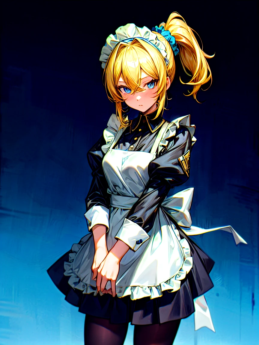 masterpeace, best quality, highres, 1girl, hayasaka ai, solo, blonde hair, maid, blue eyes, side ponytail, hair scrunchie, hair ornament, blue scrunchie, maid headdress, apron, hair between eyes, breasts, long sleeves, bangs, white shirt, black dress, sidelocks, maid apron, black pantyhose, cowboy shot,
