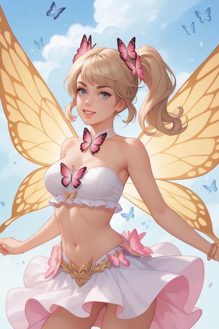 Calista explains to Jasmin that all she has to do is speak a magic formula and turn into Crystalia.What Jasmin does immediately to see what happens . She speaks the formula and is surrounded by a magical light and notices how she changes . Her blonde shoulder-length hair becomes a brown long-hair hairstyle . Her butterfly-like wings grow and she wears a pink cropped top and a matching skirt and boot. 