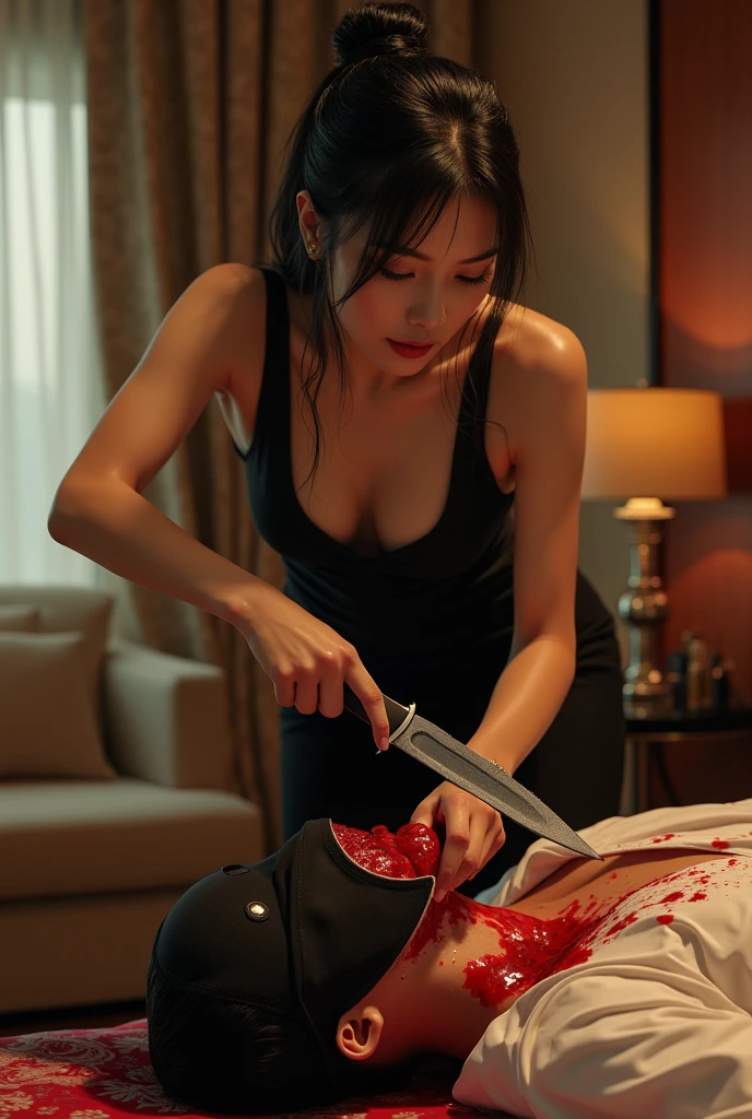 korean naked glamorous girl, (behind corpse, surgical mask), multiple girls, holding knife, stabbing, safety glasses, leather gloves, woman on top, room full of blood, trucker hat, holding knife, leather gloves, behind corpse, blood splatter, long bangs, night, mass murderer, robbery, in the house, dark atmosphere, cinematic lighting, atmospheric realistic
