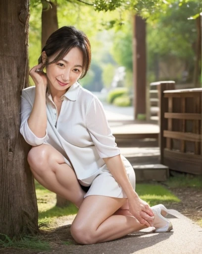 Japanese, (alone), Mature Woman,30 years old, (whole body), Big Breasts, Straight Long Hair, Glamour, sexy, Pure white skin, Observe the audience、(White blouse),(She is only wearing beige pantyhose),Black high heels、garden、Squat、Put your hands behind your back,(Legs apart 1.5),Spread your legs