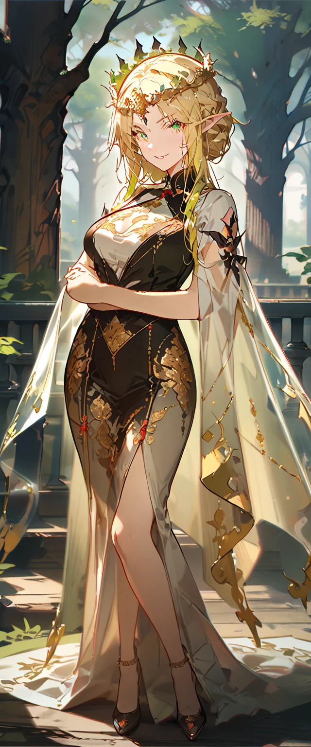 masterpiece, best quality, 8k ,4k ,((Solo), (girl)), ((elf queen), (blond with red gradient hair), (green eyes), (big chest), (gold wreath crown)), ((hair ornament), (finely detailed eyes and detailed face)), looking at viewer, ((white sleeveless), (Lace dress), (patterned clothes), (gold embroidery clothes), (meticulous clothes), (mature clothes), (transparent cape with lace)), majestic looks, smiling gently, small bird, full body, big tree background, inspired by Asukaziye artist : ask, art style : ask