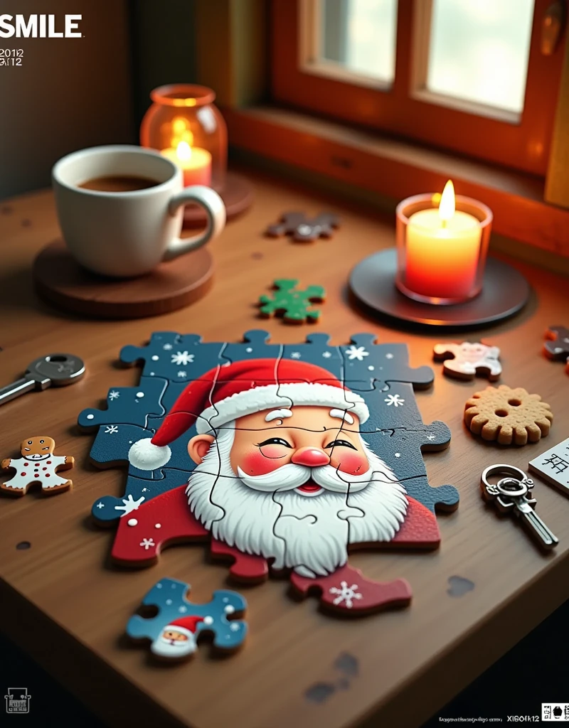 3D cartoon style scene,This is a digitally rendered photograph of a wooden table, showcasing a festive holiday puzzle with a Santa Claus theme. The puzzle, which is partially assembled, features Santa's face with a red hat, rosy cheeks, and a white beard. The puzzle pieces are smooth and rounded, with a glossy finish. Santa's face is surrounded by various holiday-themed puzzle pieces, including snowflakes, gingerbread men, and Christmas trees.

The table is cluttered with additional puzzle pieces, a small white mug filled with coffee, a plate with a cookie, and a candle in a glass holder. A key and a piece of paper with Chinese characters are also visible on the table, adding a touch of everyday life to the scene.

In the top left corner, bold white text reads "SMILE." In the top right corner, the text "2024.12" is displayed in a similar style. The bottom left corner features the text "XIGUAPI -DC," and the bottom right corner contains Chinese characters and a barcode.

The overall color palette is warm and festive, with reds, whites, and blues dominating. The texture of the puzzle pieces and the wooden table adds a tactile and realistic feel to the image.