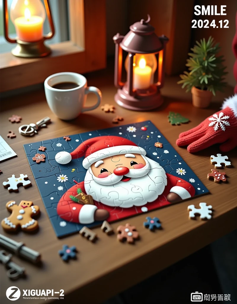 3D cartoon style scene,This is a digitally rendered photograph of a wooden table, showcasing a festive holiday puzzle with a Santa Claus theme. The puzzle, which is partially assembled, features Santa's face with a red hat, rosy cheeks, and a white beard. The puzzle pieces are smooth and rounded, with a glossy finish. Santa's face is surrounded by various holiday-themed puzzle pieces, including snowflakes, gingerbread men, and Christmas trees.

The table is cluttered with additional puzzle pieces, a small white mug filled with coffee, a plate with a cookie, and a candle in a glass holder. A key and a piece of paper with Chinese characters are also visible on the table, adding a touch of everyday life to the scene.

In the top left corner, bold white text reads "SMILE." In the top right corner, the text "2024.12" is displayed in a similar style. The bottom left corner features the text "XIGUAPI -DC," and the bottom right corner contains Chinese characters and a barcode.

The overall color palette is warm and festive, with reds, whites, and blues dominating. The texture of the puzzle pieces and the wooden table adds a tactile and realistic feel to the image.