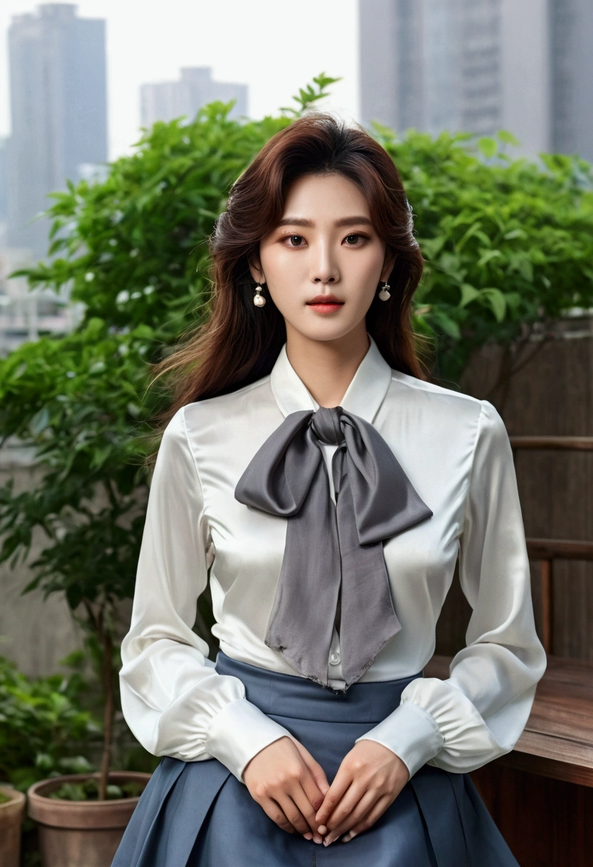 A Korean man had surgery to change his body from male to female, his body is completely female, he has big breasts like a woman, but his face is not changed and still looks like a man, His hair is still manly and short, He is wearing ladies' clothing, a long-sleeved silk blouse and high-waisted mermaid skirt, White blouse and gray skirt, sit quietly