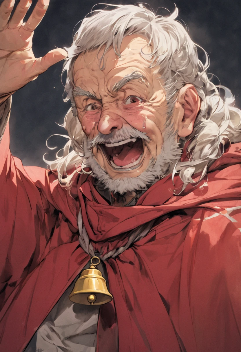  a clumsy old man wearing a red cloak and waving a bell with a stubble beard((COMEDY EXPRESSION )) , Bad smile  ,  ecstasy expression with dyed cheeks 