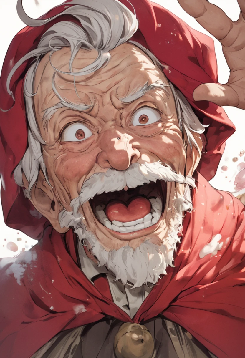  a clumsy old man wearing a red cloak and waving a bell with a stubble beard((COMEDY EXPRESSION )) , Bad smile  ,  ecstasy expression with dyed cheeks 