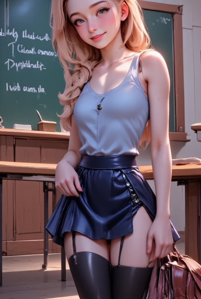 Female anime character (ethnicity:light Caucasian, age:young adult, detailed clothing:1.2, accessories:1.1, facial features:1.3, expression:happy, body type:curvy, pose:casual),  light-blue short sleeve top, dark navy blue pleated mini skirt, black opaque tights, long blonde braided hair, wearing a brown backpack, positioned in a classroom,  leaning against a dark green chalkboard with handwritten notes, looking directly at viewer, slightly angled right, photorealistic style, digital art,  detailed skin texture:1.2, detailed hair rendering,  natural lighting, warm color palette with light shadows from background and natural lighting from left side,  high detail, hyperrealistic style,  classroom setting with wooden desk and chair, slightly low camera angle,  composition is centered, focused on character,  (background chalkboard with notes:1.1),  (backpack detail:1.1).