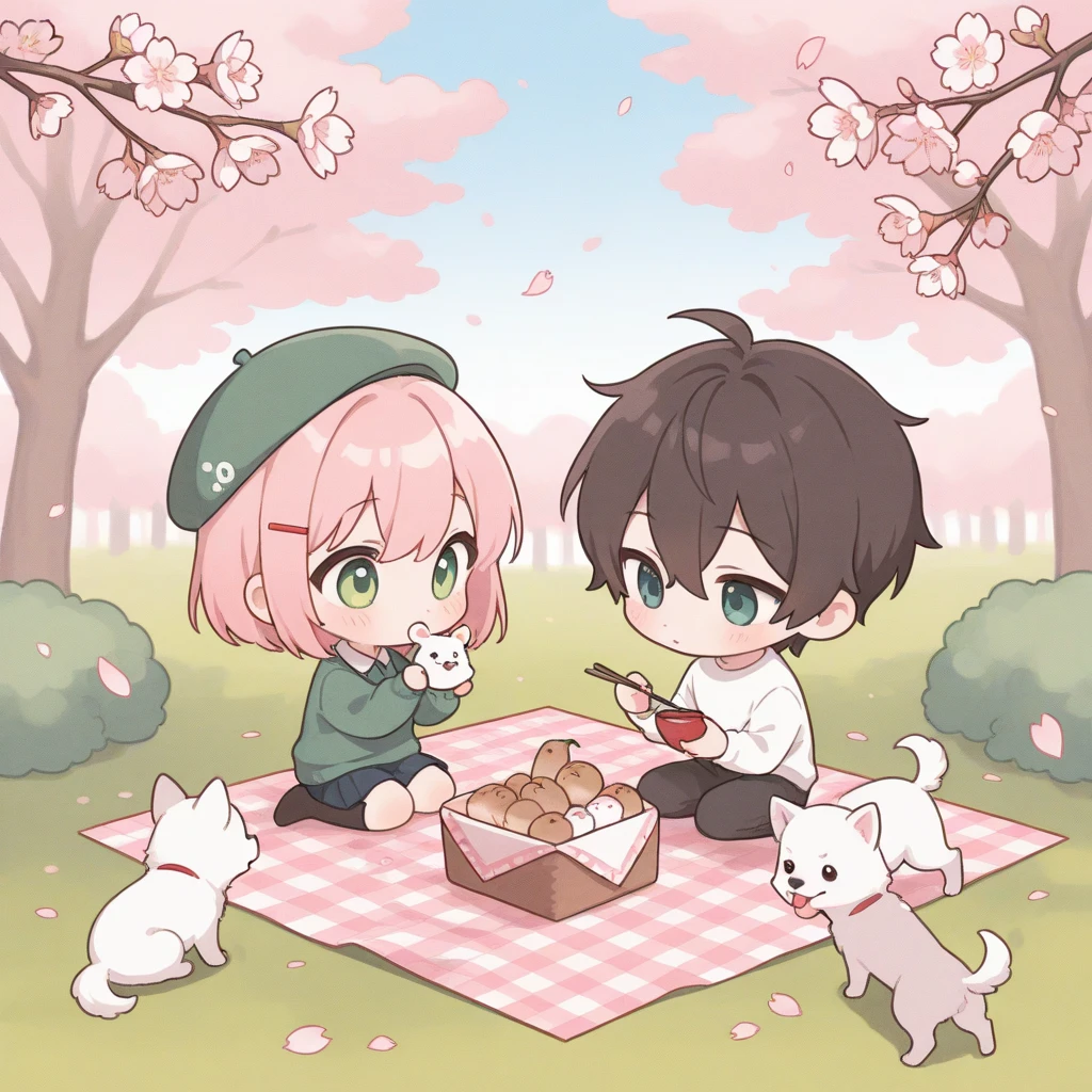 girl and boy, , ,chibi,cute,   puppy, sakura, , pastel, picnic