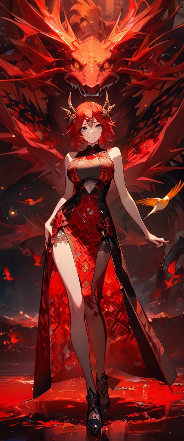 masterpiece, best quality, 8k ,4k , 1girl, teenage girl, dragon girl, red hair, gray eyes, big , slender waist, small waist, small thigh, horn, hair ornament, finely detailed eyes and detailed face, looking at viewer, Black sleeveless top, gradually transparent embroidery skirt, skirt to the knee, majestic looks, smiling gently, Lace dress, patterned clothes, red scale scattered pattern clothes, meticulous clothes, revealing clothes, mature clothes, majestic looks, smiling gently, small bird, full body, artist : ask, art style : ask